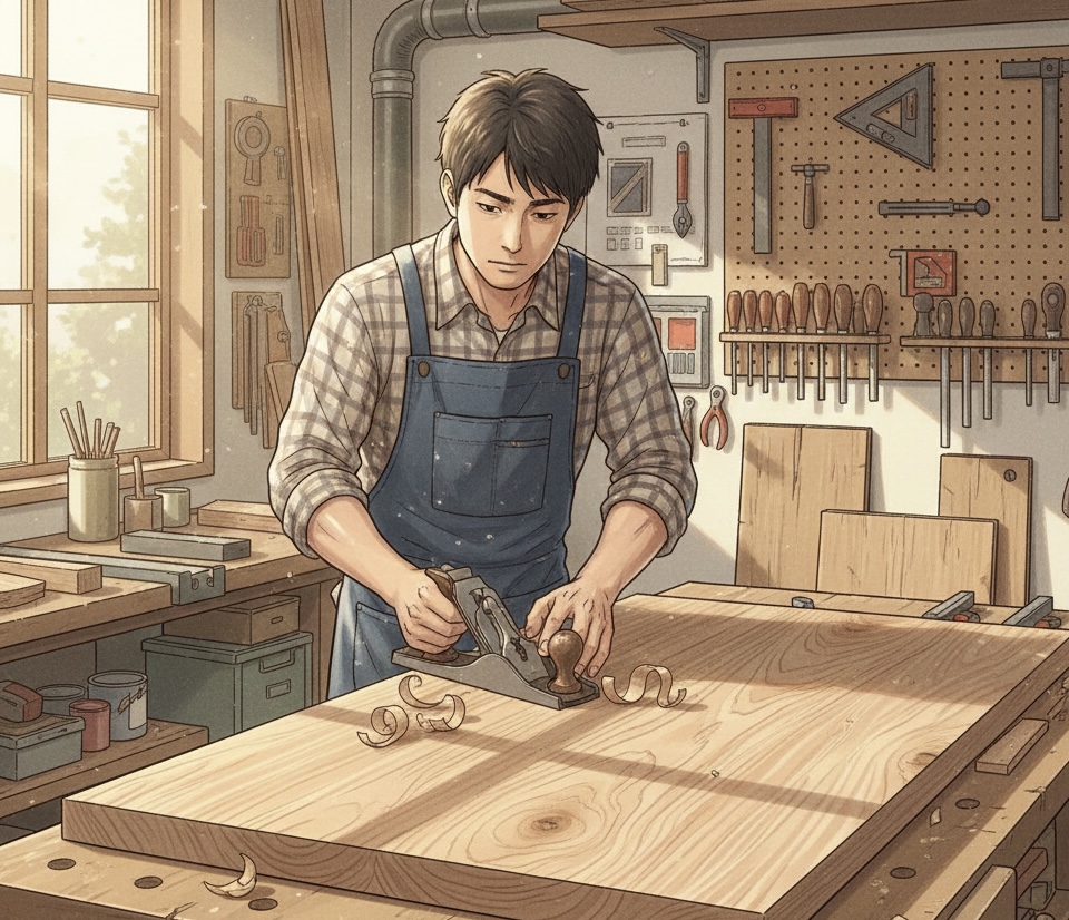 システムアート湘南の堀口さんが若い頃、家具職人をしているイラスト