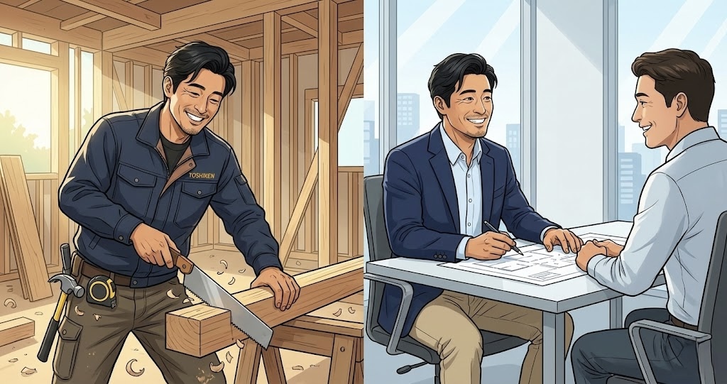 株式会社由健/株式会社健装の代表取締役の由野和隆さんが、工事もでき、営業もできることを描いたイラスト