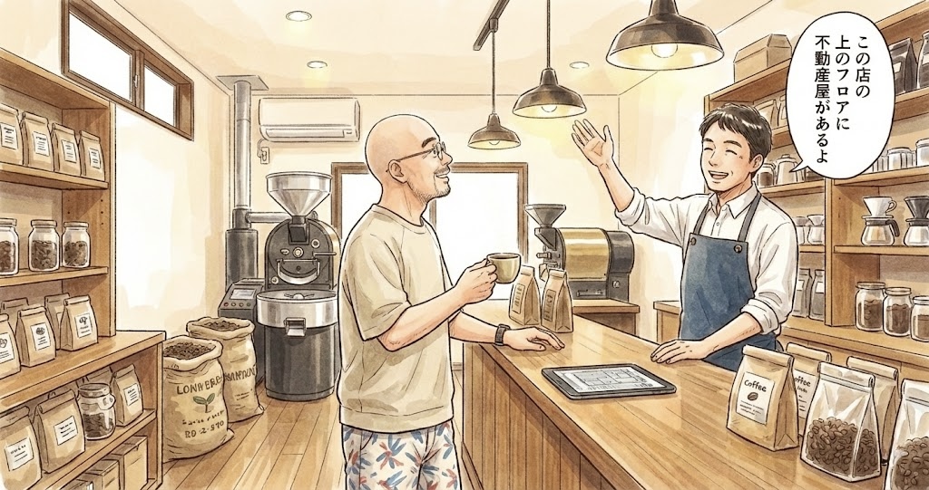 Tさんがよくいくコーヒー豆のお店の店主に、地元に不動産会社を教えてもらっているイラスト