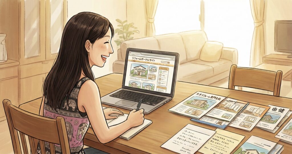 施主のN様の娘さんがインターネットを使ってリフォーム会社を探しているイラスト