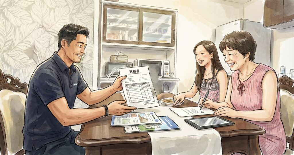 株式会社由健・代表取締役の由野和隆さんとリフォームを依頼したN様親子のイラスト。他社よりも早い見積書の説明を受けている