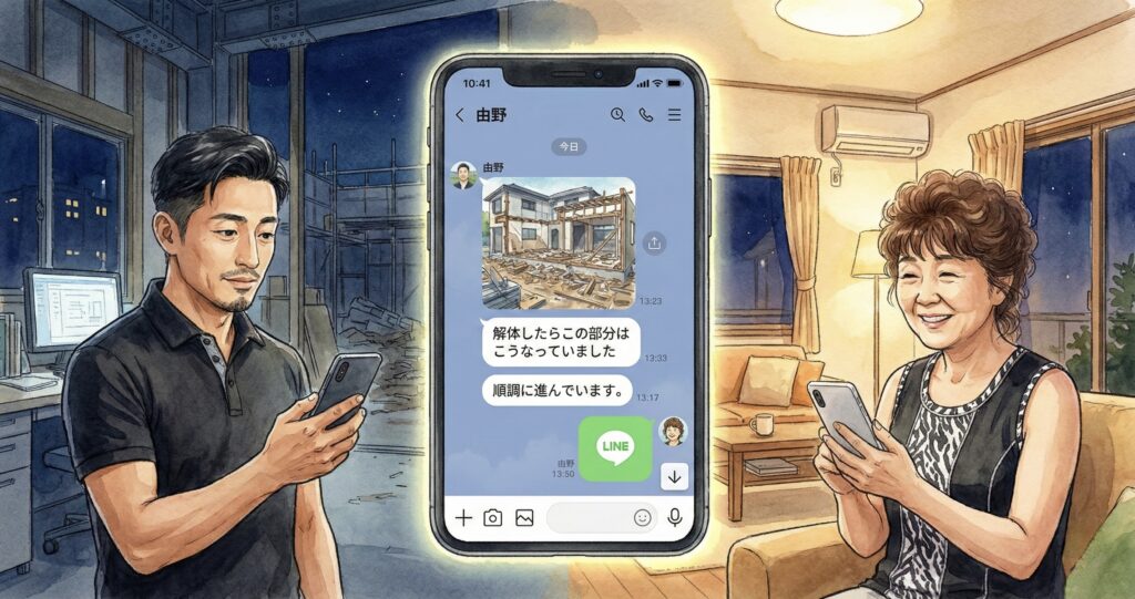 株式会社由健の代表取締役の由野和隆さんとY様が海外にいても、LINEや電話でリフォームの進捗を共有しているイラスト