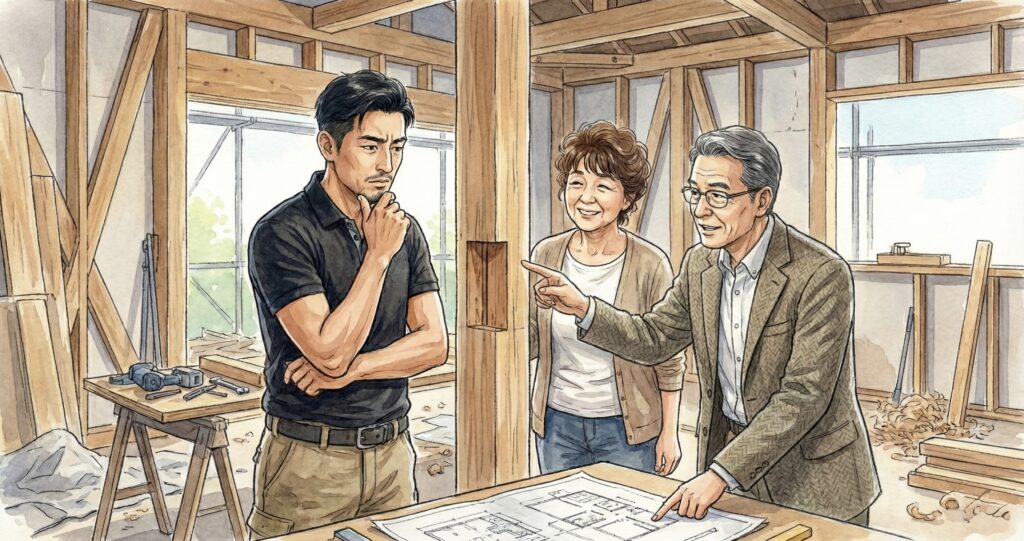 施主のY様の友人の建築会社社長と耐震柱の件で打ち合わせをする株式会社由健・代表取締役の由野和隆さん