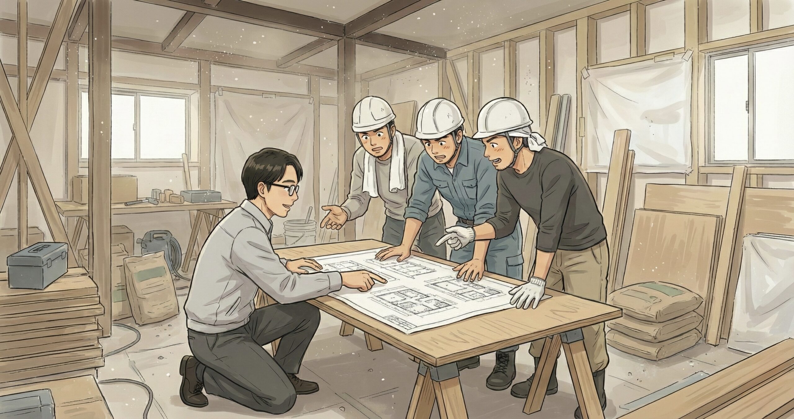 マンションリフォームの現場で職人たちに的確な指示を出す藤建設の藤井誠さん。お客様の窓口でありながら、施工管理も行う。