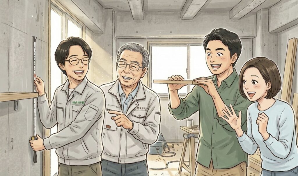藤建設・代表の藤井次男さんと誠さん、施主のF様夫婦が現場で棚の高さの調整を行なっているイラスト