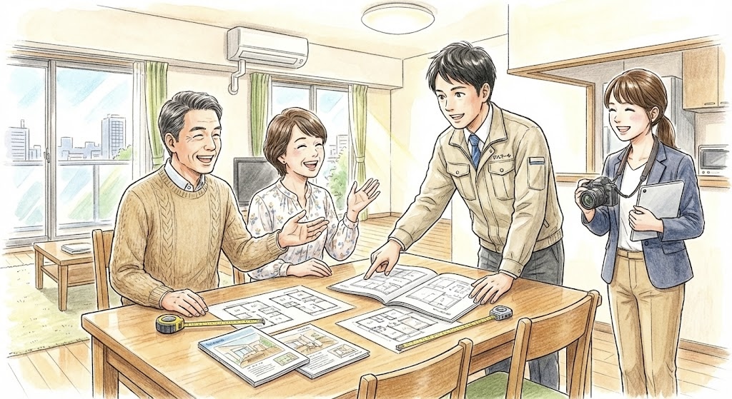 リフォーム会社の担当者が自宅であるマンションに現地調査に来てくれて、話がとても盛り上がっている夫婦とリフォーム会社の担当者の様子